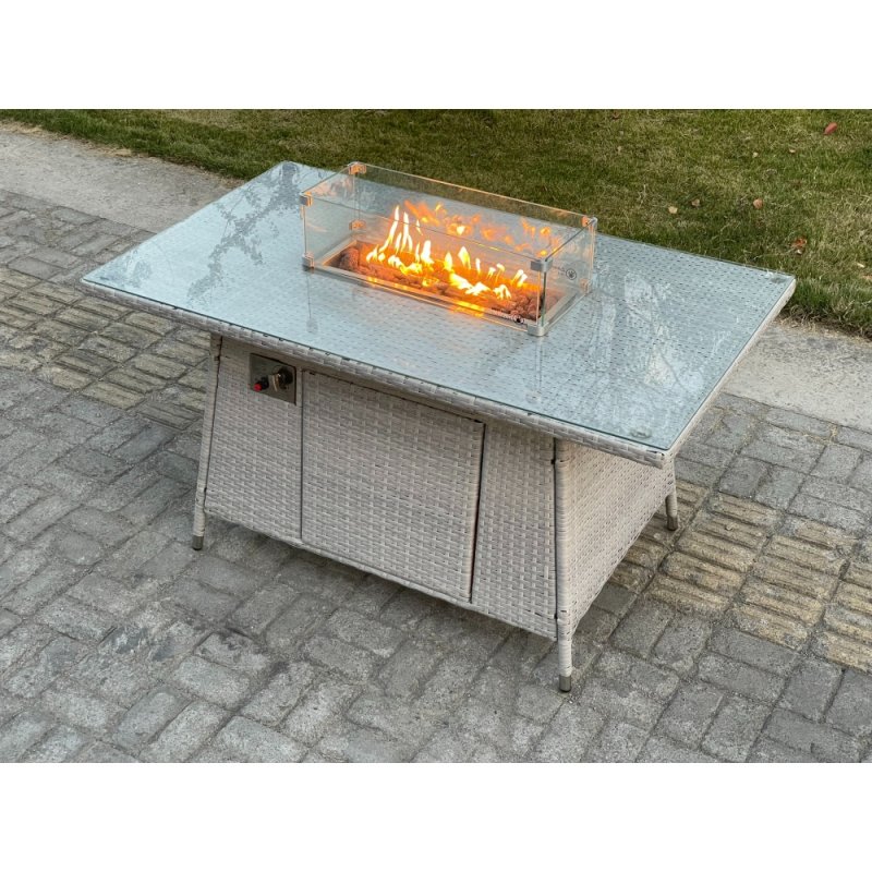 Fimous Light Grey Rattan Fire Pit Garden Furniture Set Gas Heater Burner Lounge Sofa Dining Set Coffee Table Chairs Stool