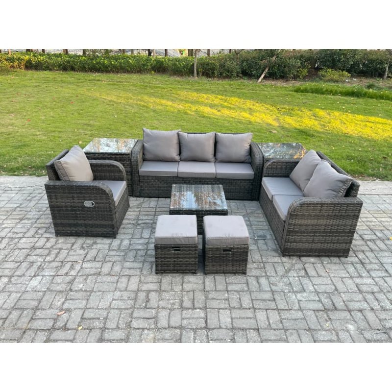 Fimous Indoor Outdoor Rattan Garden Furniture 8 Seater Set Table Sofa Chair Patio Conservatory with Grey Cushions 2 Side Tables 2 Small Footstools