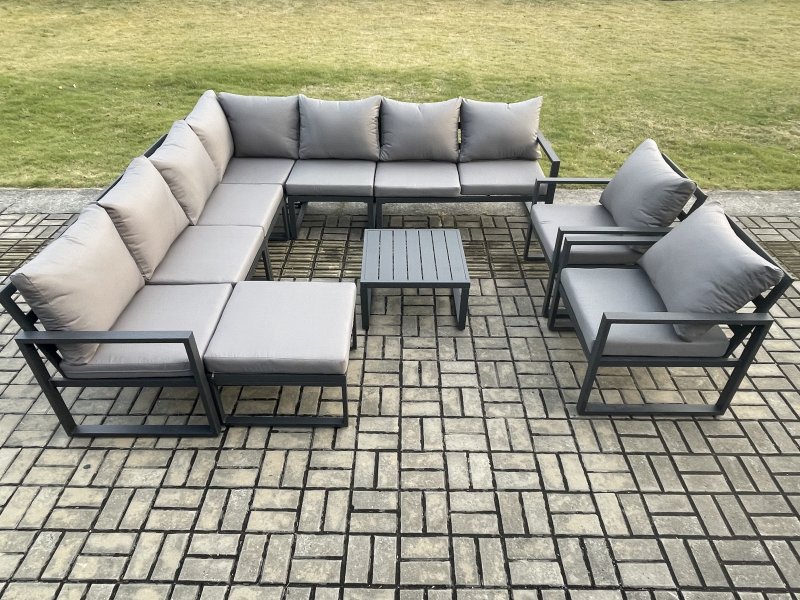 Fimous Outdoor Garden Furniture Patio Lounge Corner Sofa Aluminium Set with Square Coffee Table Big Footstool 2 Chair Dark Grey