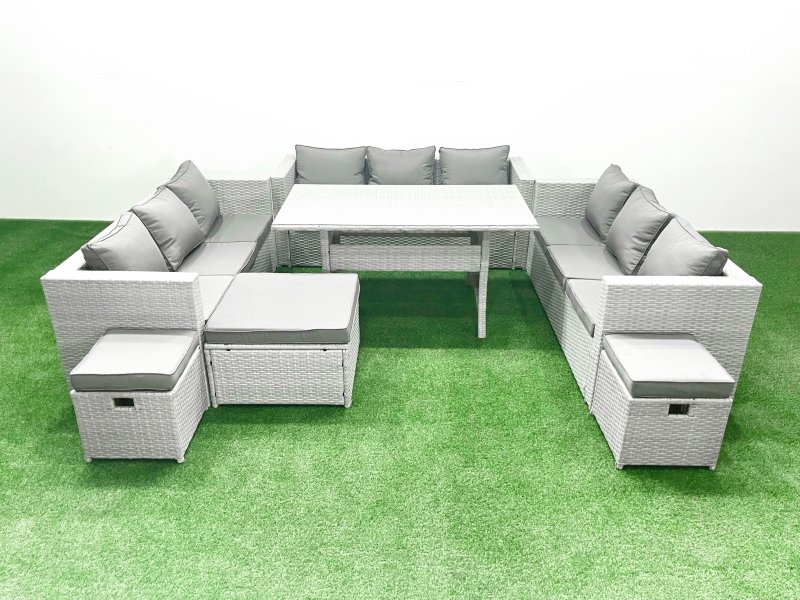 Fimous Rattan Garden Outdoor Furniture Set 12 Seater Garden Sofa Rectangulr Dining Table Set with 3 Footstools Light Grey Mixed