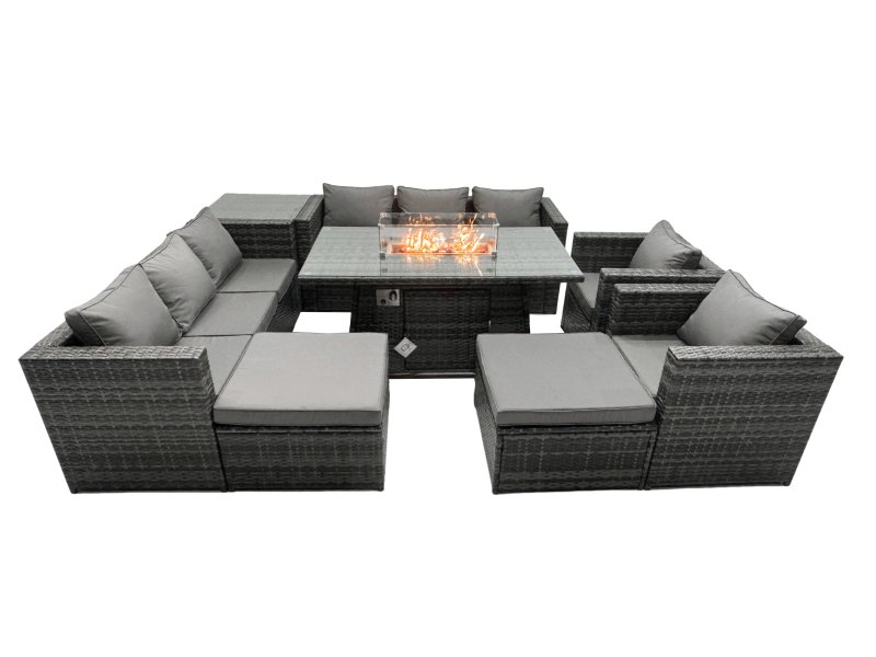 Fimous Rattan Garden Furniture Firepit Dining Set 10 Seater Lounge Sofa Table Set with side table 2 big Footstool