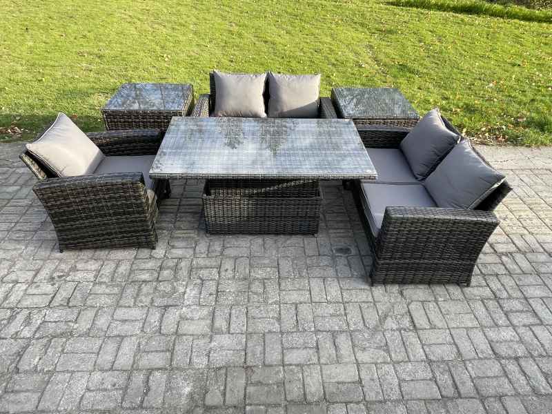 Fimous 6pcs Rattan Outdoor Garden Furniture Set Height Adjustable Rising Lifting Table Sofa Dining Set with 2 Side Tables Dark Grey Mixed