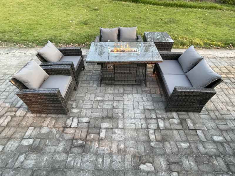 Fimous Wicker PE Rattan Garden Furniture Sets 6 Seater Patio Outdoor Gas Firepit Dining Table Heater Set with Double Seat Sofa Side Table Dark Grey Mixed