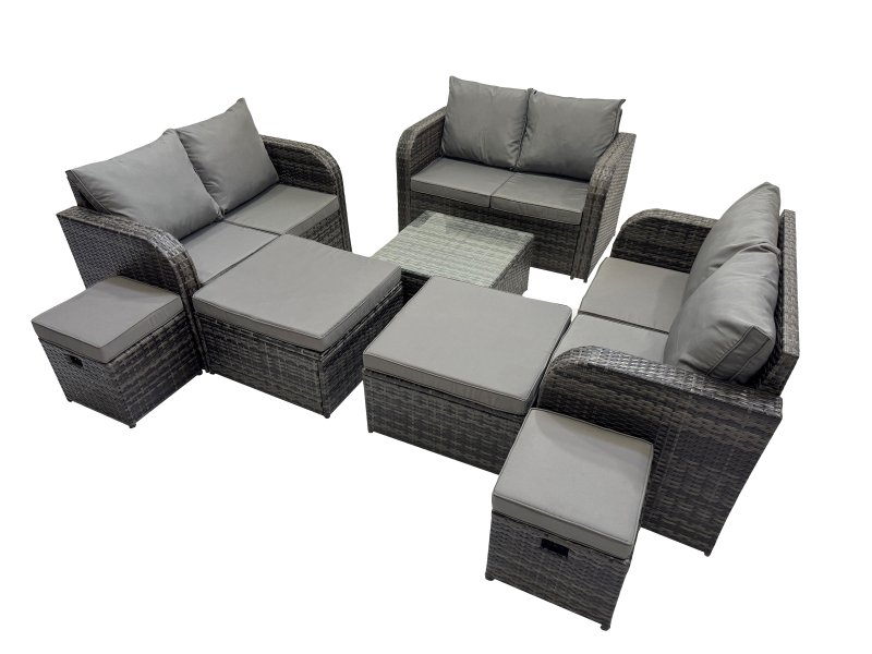 Fimous Rattan Garden Outdoor Furniture Set Love Sofa Square Coffee Table Set with 4 Stools Dark Grey Mixed