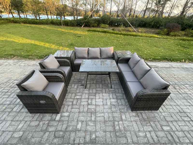 Fimous 8 Seater Rattan Outdoor Garden Furniture Sofa Set Patio Table & Chairs Set with 3 Seater Sofa Rectangular Dining Table 2 Side Tables Dark Grey Mixed