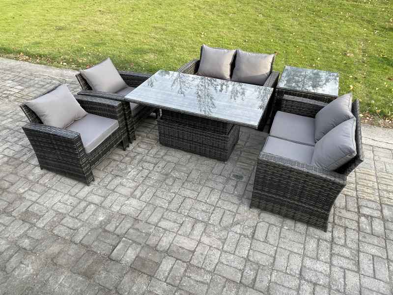 Fimous Rattan Garden Furniture Sets 6 Seater Patio Outdoor Rising Lifting Table Sofa Set with Double Seat Sofa Side Table Dark Grey Mixed