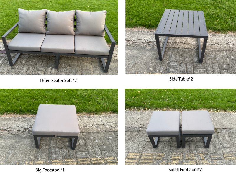 Fimous 7 Pieces Garden Furniture Set Aluminium Adjustable Rising Lifting Dining Table and Sofa Set with Side Table 3 Footstools Dark Grey