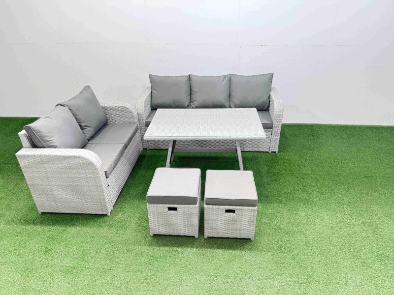 Fimous Outdoor PE Rattan Garden Furniture Set Rectangular Dining Table Sofa Set with 2 Small Stool Light Grey