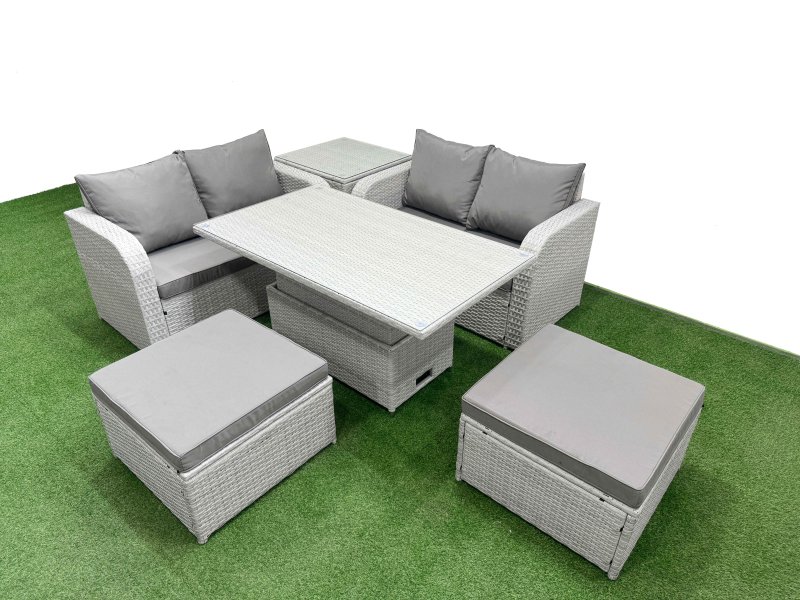 Fimous 6 Seater Outdoor Love Sofa Set Rattan Garden Furniture Set with Adjustable Lifting Dining or Coffee Table 2 Footstool Side Table Light Grey