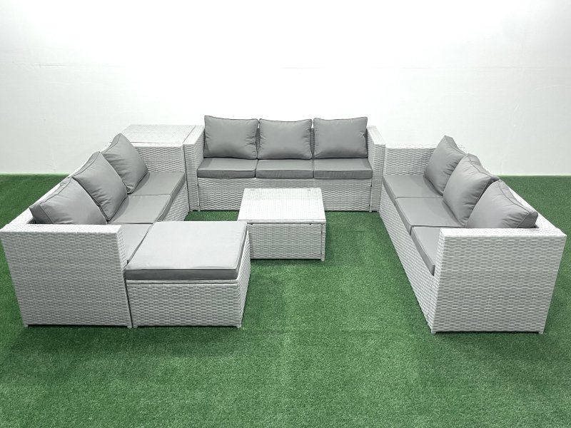 Fimous Rattan Garden Outdoor Furniture Set 10 Seater Rattan Garden Sofa Set with Big Footstool Side Table Light Grey Mixed