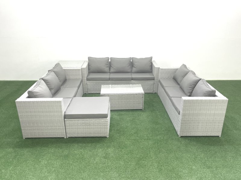 Fimous Rattan Garden Outdoor Furniture Set 10 Seater Garden Sofa Coffee Table Set with Big Footstool Side Table Light Grey Mixed