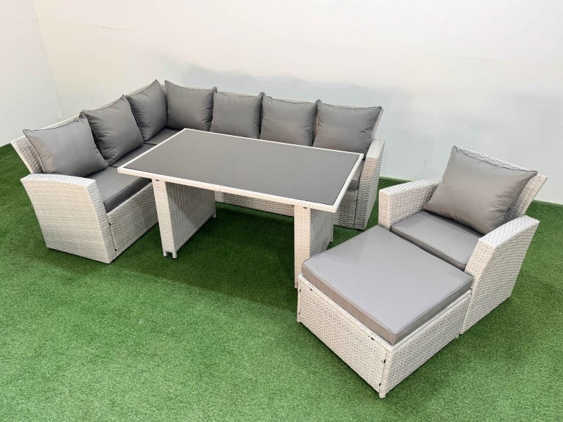 Fimous 8 Seater Wicker Rattan Corner Sofa Sets Outdoor Garden Furniture Sets with Rectangular Dining Table Lounge Sofa Big Footstool Armchair Light Grey