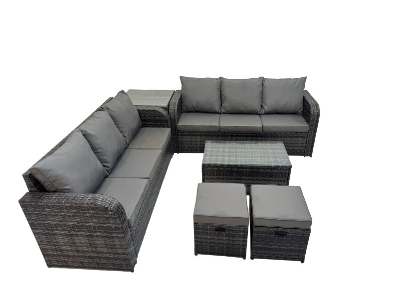 Fimous Outdoor 3 Seater Sofa Coffee Table Set Garden Rattan Furniture Set 8 Seater with 2 Small Stools Side Table Dark Grey