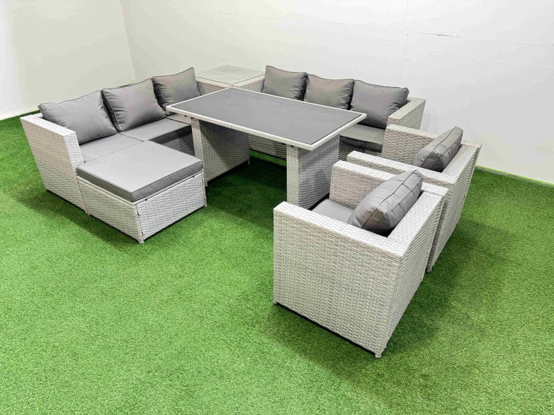 Fimous 9 Seater Wicker PE Rattan Furniture Outdoor Dining Table 3 Seater Sofa Armchair Set with Side Table Big Stool Light Grey