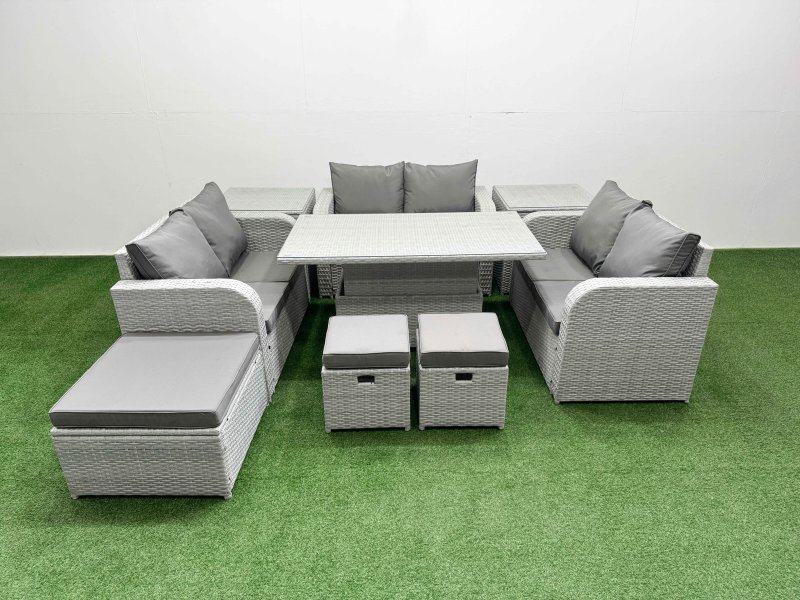 Fimous 9 Seater PE Wicker Rattan Furniture Sofa Sets with Adjustable Lifting Dining or Coffee Table 2 Seater Love Sofa 3 Stool 2 Side Table Light Grey