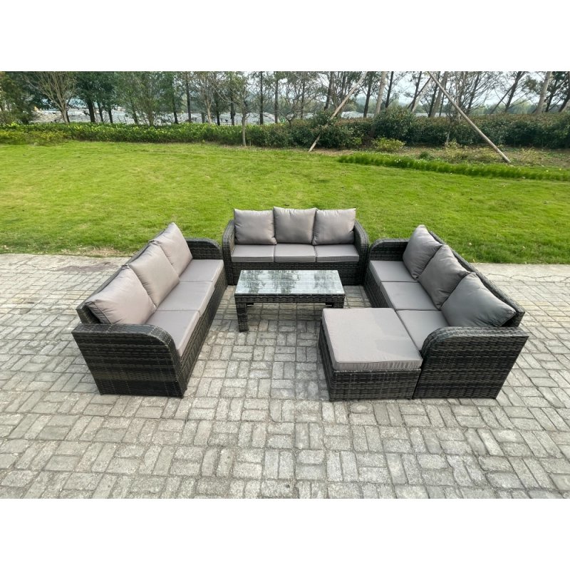 Fimous Outdoor Lounge Sofa Set 10 Seater Rattan Garden Furniture Set with Rectangular Coffee Table Big Footstool 3 Seater Sofa Dark Grey Mixed