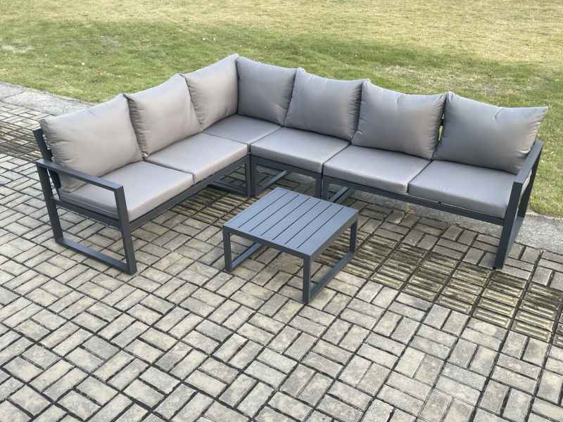 Fimous Aluminium Garden Furniture Set Outdoor Lounge Corner Sofa Square Coffee Table Sets Dark Grey 6 Seater