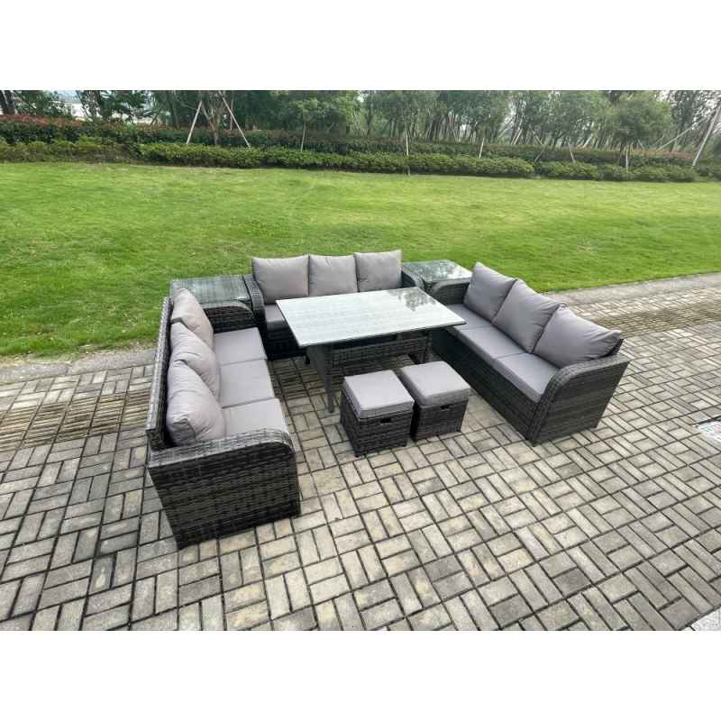 Fimous Patio Rattan Garden Furniture Set with Oblong Rectangular Dining Table 2 Small Footstools 2 Side Table 11 Seater Outdoor Lounge Sofa Set Dark Grey Mixed