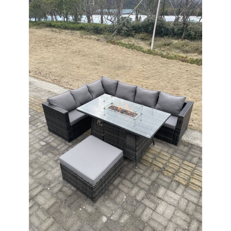 Fimous Rattan Corner Sofa Set Gas Firepit Dining Table Set Patio Heater Burner With Big Footstool Dark Grey