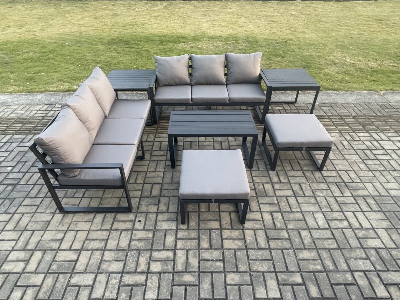 Fimous Aluminium Patio Outdoor Garden Furniture Lounge Sofa Set with Oblong Coffee Table 2 Big Footstools 2 Side Tables Dark Grey
