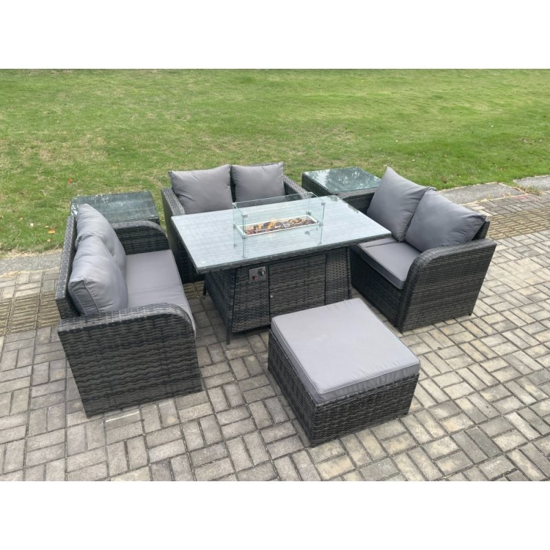 Fimous Rattan Outdoor Garden Furniture Sofa Set Gas Fire Pit Dining Table Gas Heater with 2 Side Tables Love Sofa Big Footstool Dark Grey Mixed