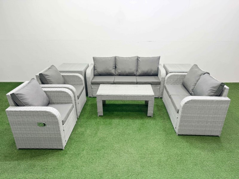 Fimous PE Rattan Garden Furniture Set Adjustable Chair Sofa Double Love Seat 2 Seater Sofa Lounge Set Rectangular Coffee Table 2 Side Table Light Grey