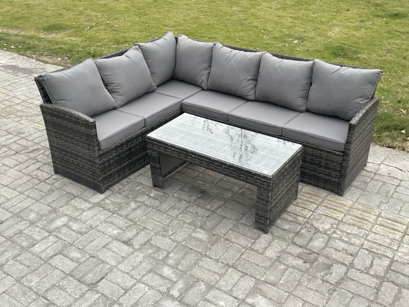 Fimous 6 Seater Outdoor Rattan Garden Furniture Set Corner Sofa Oblong Coffee Table Sets Dark Grey Mixed