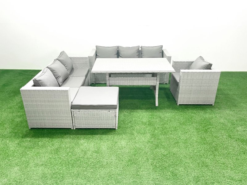 Fimous 5 Pieces Outdoor Rattan Sofa Set with Cushions Patio Garden Furniture Sets with Armchair Dining Table Big Footstool
