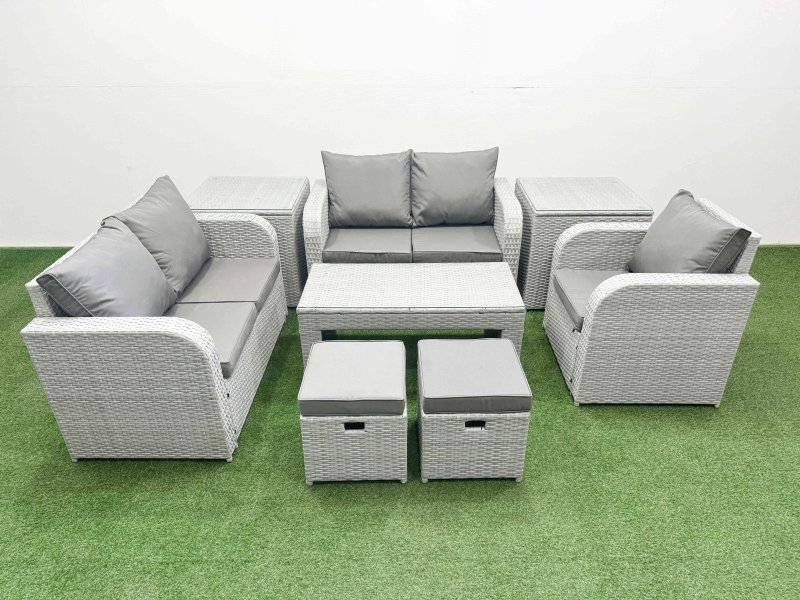 Fimous High Back Poly Rattan Garden Furniture Set with Reclining Chair Loveseat Sofa Oblong Coffee Table Indoor Outdoor Patio Set 2 Stool 2 Side Table Light Grey