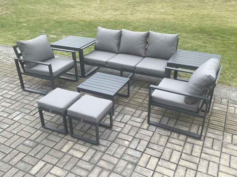 Fimous Aluminium 7 Seater Outdoor Lounge Sofa Set Garden Furniture Sets with Square Coffee Table 2 Chairs 2 Small Footstools 2 Side Tables Dark Grey