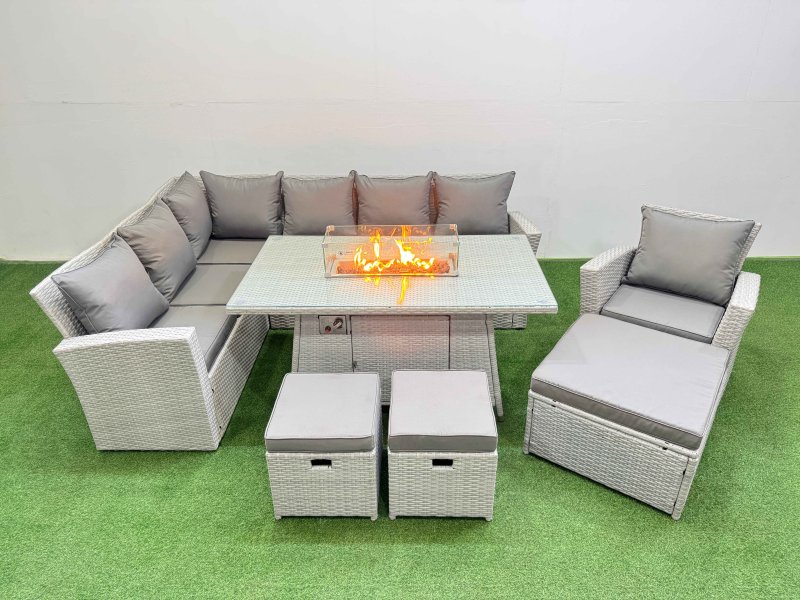 Fimous 10 Seat Rattan Garden Furniture Corner Sofa Set Outdoor Gas Fire Pit Table Sets with 3 Footstools Light Grey