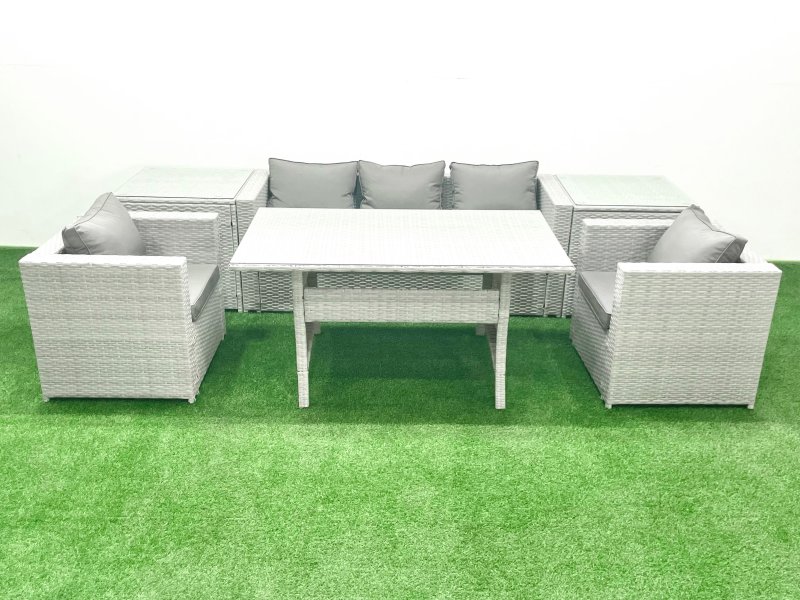 Fimous Garden Dining Set Outdoor Rattan Furniture Set with Sofa Dining Table 2 Chairs 2 Side Tables Light Grey Mixed