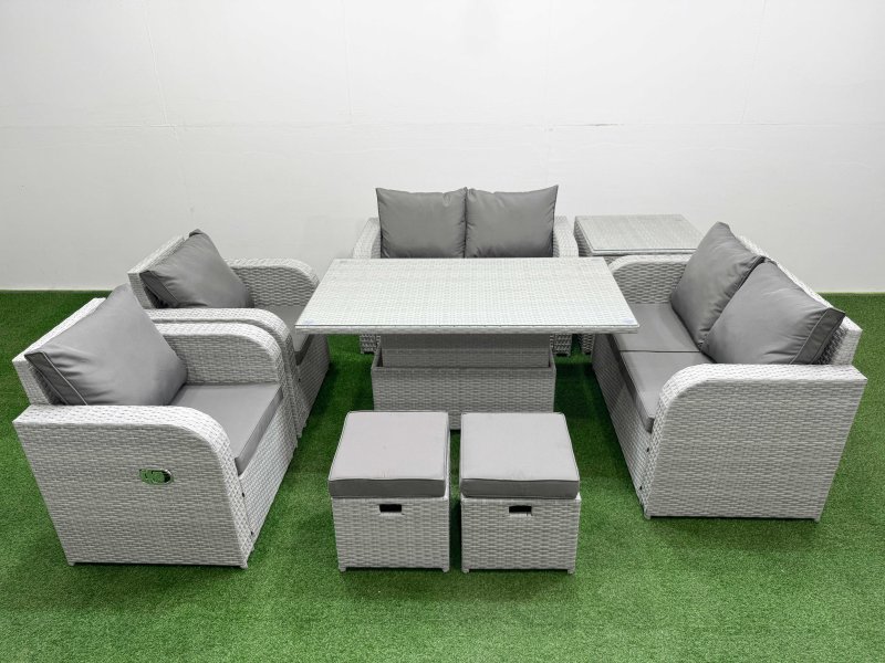 Fimous 8 Seater Outdoor Reclining Chair Love Sofa Set Rattan Garden Furniture Set with Adjustable Lifting Dining or Coffee Table 2 Stools Side Table Light Grey