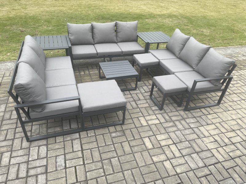 Fimous Aluminium Outdoor Garden Furniture Set Patio Lounge Sofa with Square Coffee Table 2 Side Tables 3 Footstools Conservatory Set Dark Grey