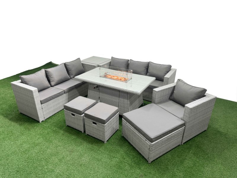 Fimous 10 Seat PE Rattan Lounge Sofa Set Outdoor Garden Furniture Set with Firepit Dining Table 3 Seater Sofa 3 Stools Side Table Light Grey
