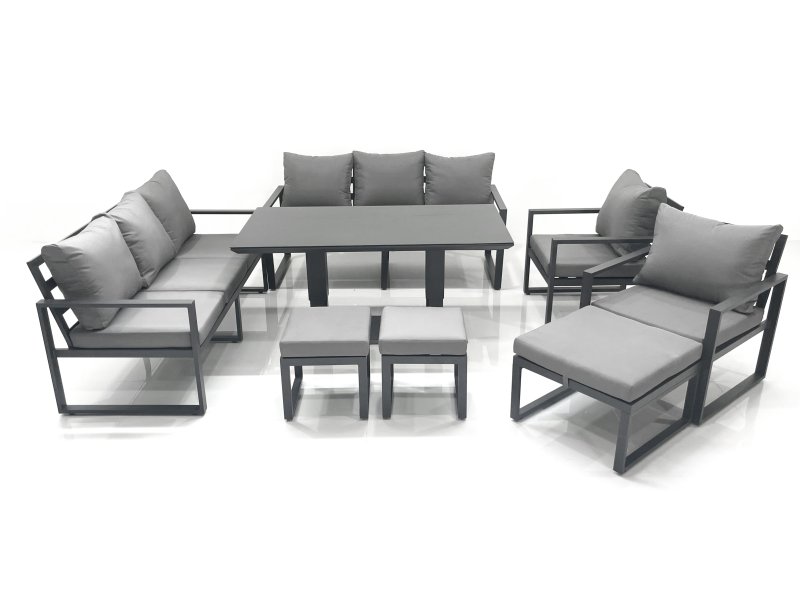 Fimous Garden Sofa Set Aluminium Furniture Rising Dining Tabe Set with 2 Chair 3 Footstools Dark Grey