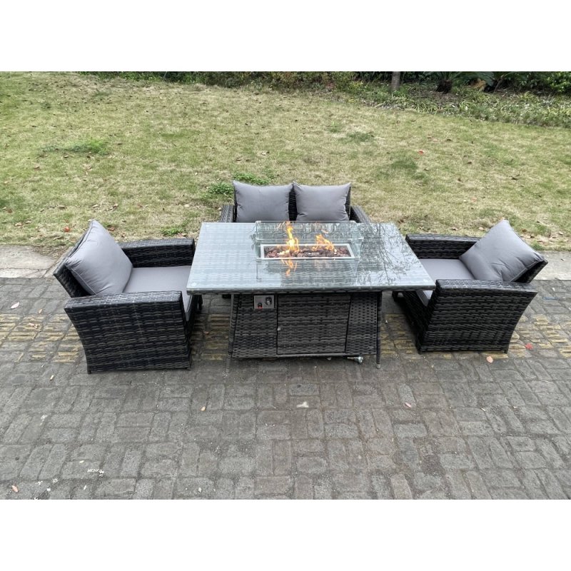 Fimous Rattan Outdoor Furniture Gas Fire Pit Rectangle Dining Table Gas Heater Chairs Two Seater Love Sofa Sets 4 Seater
