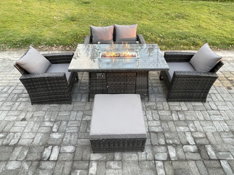 Fimous 5 Seater?Outdoor Rattan Sofa Set Garden Furniture Gas Firepit Dining Table Heater with Big Footstool Dark Grey Mixed