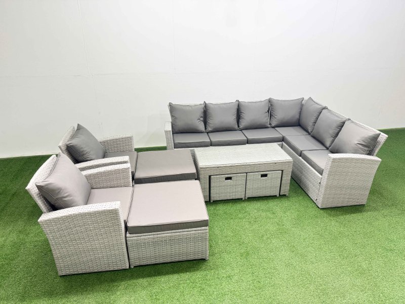 Fimous Rattan Garden Furniture Set 9 Pieces Outdoor Garden Sofa Oblong Coffee Table Set with 2 Chairs 4 Footstools Light Grey Mixed