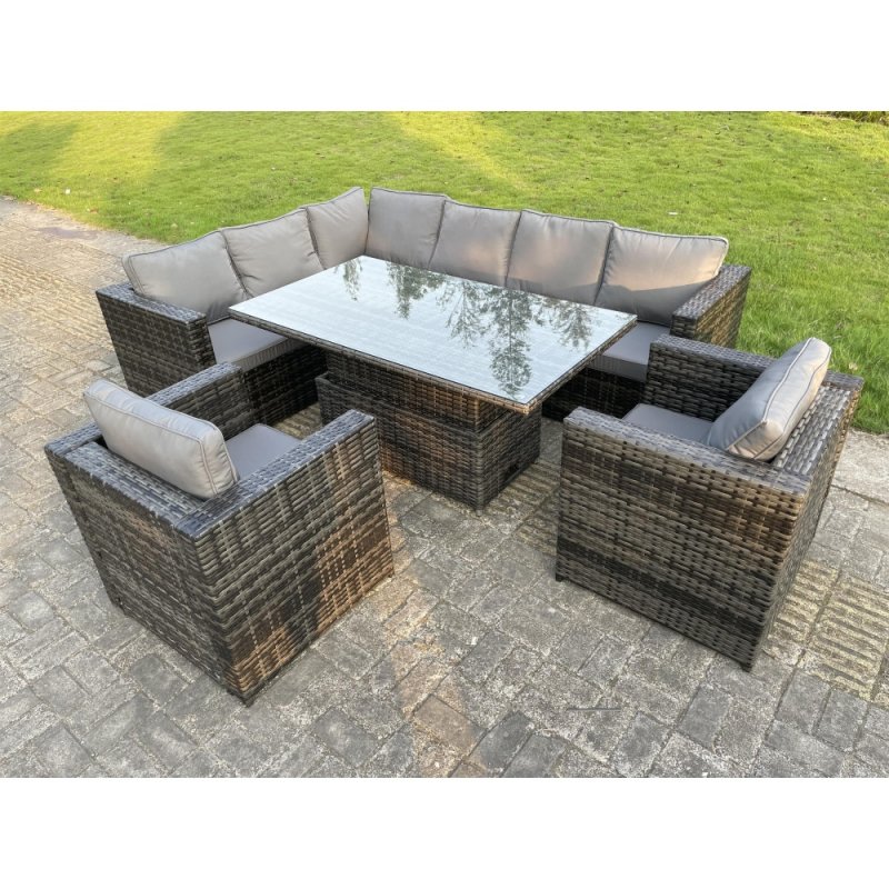 Fimous Dark Mixed Grey Outdoor Rattan Garden Furniture Sofa Set Rising Adjustable Dining Or Coffee Table 2 Chairs Patio Furniture Left Corner