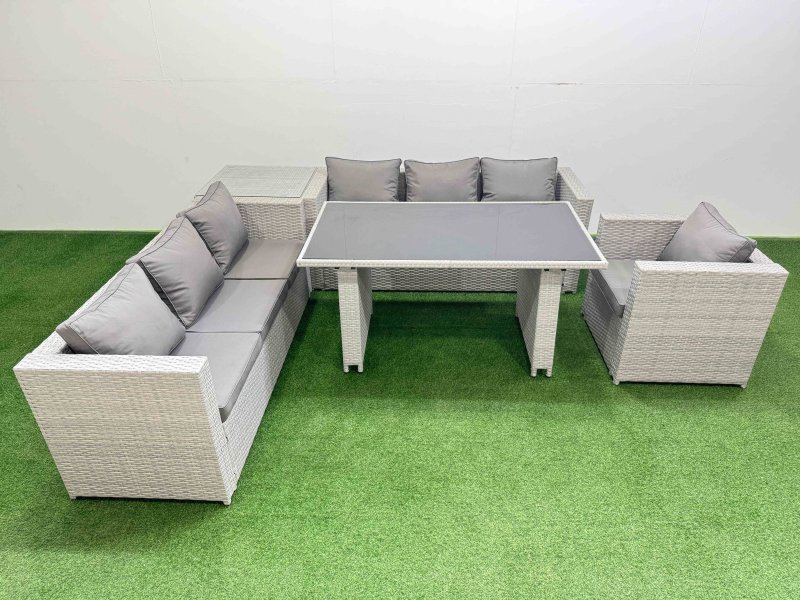Fimous Patio Garden Furniture Sets with Black Glass Top Dining Table 3 Seater Sofa Armchair Side Table Light Grey