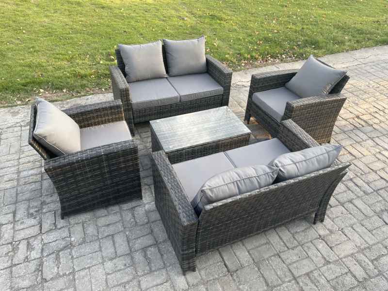 Fimous Garden Furniture Sets 5 Pieces Outdoor Rattan Furniture Manual Wicker Patio Sofa Chair Set with Coffee Table Dark Grey Mixed