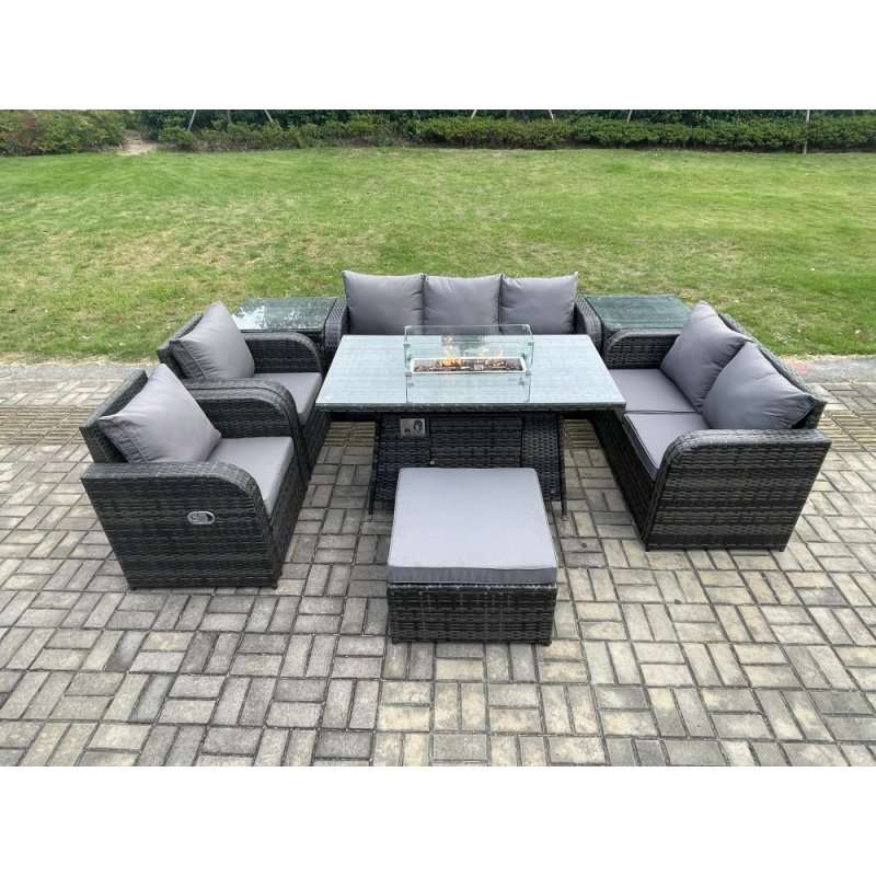 Fimous 8 Seater PE Wicker Outdoor Rattan Garden Furniture Set Propane Gas Fire Pit Table and Sofa Chair set with 2 Side Tables Big Footstool
