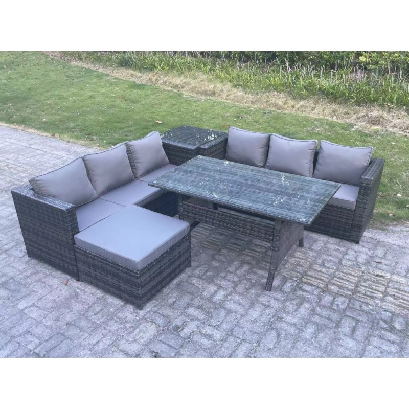 Fimous PE Wicker Outdoor Garden Furniture Set Patio Rattan Rectangular Dining Table Lounge Sofa with Big Footstool Side Table 7 Seater Dark Grey Mixed