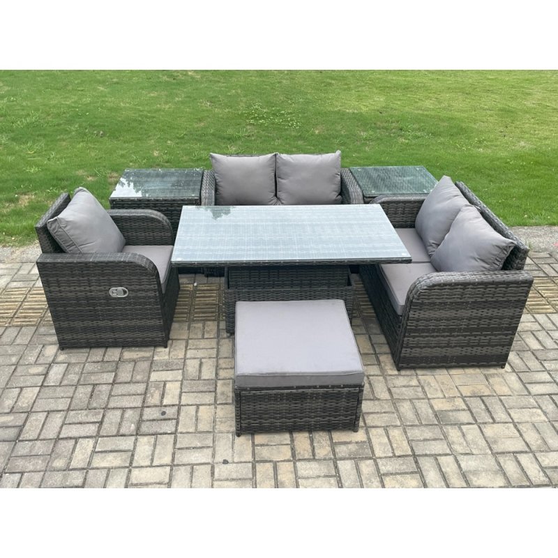 Fimous 6 Seater Rattan Furniture Garden Dining Set Outdoor Height Adjustable Rising lifting Table Love Sofa Chair With 2 Side Tables Big Footstool