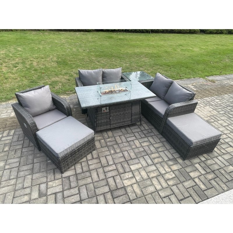 Fimous Outdoor Sofa Rattan Garden Furniture Set Patio Gas Fire Pit Dining Table and Reclining Chair set with Side Tables 2 Big Footstool Dark Grey Mixed