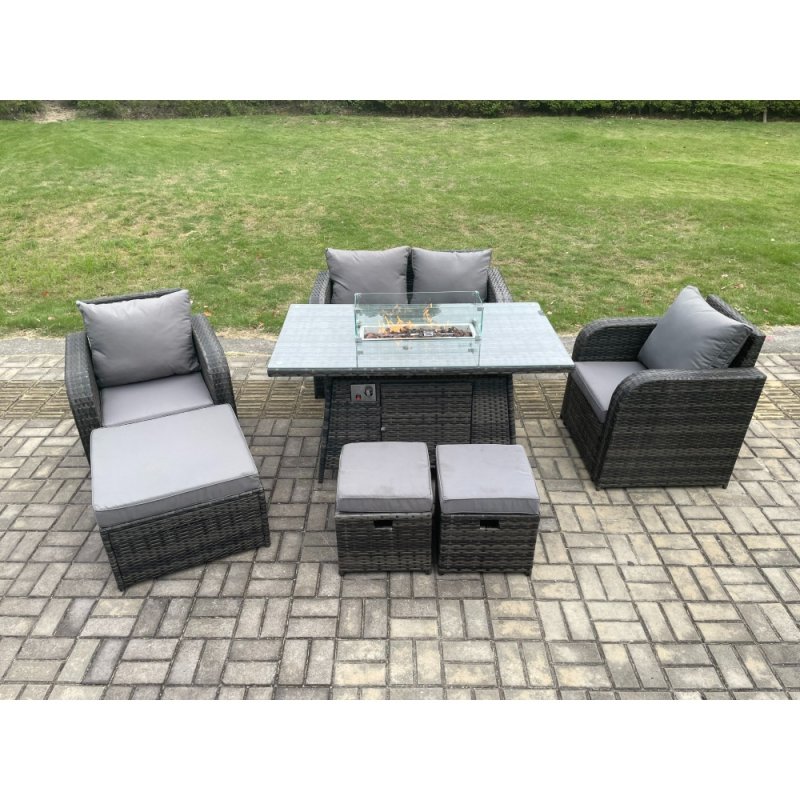 Fimous Rattan Garden Furniture Set Outdoor Patio Gas Fire Pit Dining Table and Chairs with Love seat Sofa 3 Footstools
