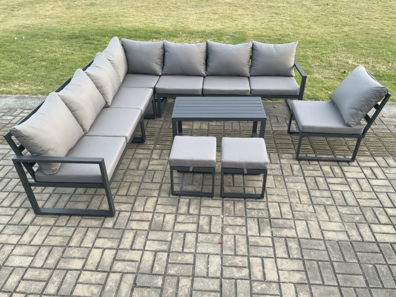 Fimous Aluminium 10 Seater Patio Outdoor Garden Furniture Lounge Corner Sofa Set with Oblong Coffee Table 2 Small Footstools Dark Grey