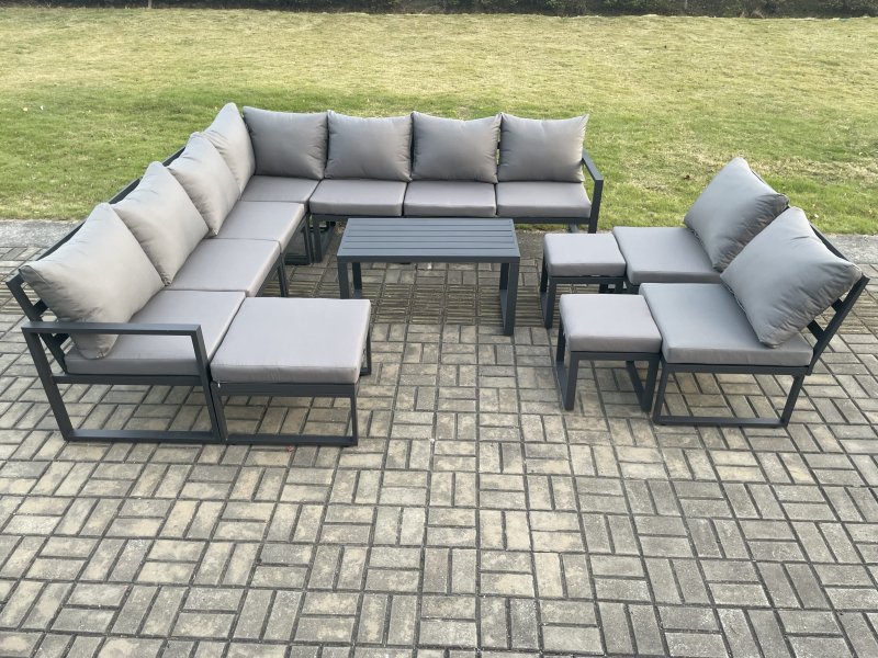 Fimous Aluminium 12 Seater Patio Outdoor Garden Furniture Lounge Corner Sofa Set with Oblong Coffee Table with 3 Footstools Dark Grey