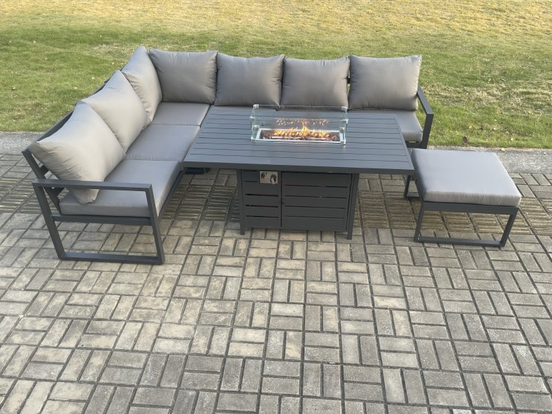 Fimous Aluminium Outdoor Garden Furniture Corner Sofa Gas Fire Pit Dining Table Sets Gas Heater Burner with Big Footstool Dark Grey 7 Seater